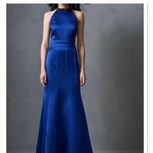 Kay Unger Satin Blue High Neck/Jewels Long Mermaid Style Formal Grown NWT 12T